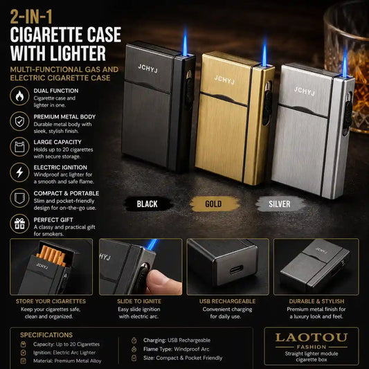 Multifunctional cigarette case with lighter in black, gold, and silver on a dark background.