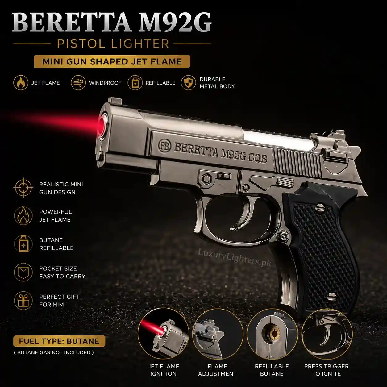 Beretta M92G pistol lighter with features highlighted on a dark background