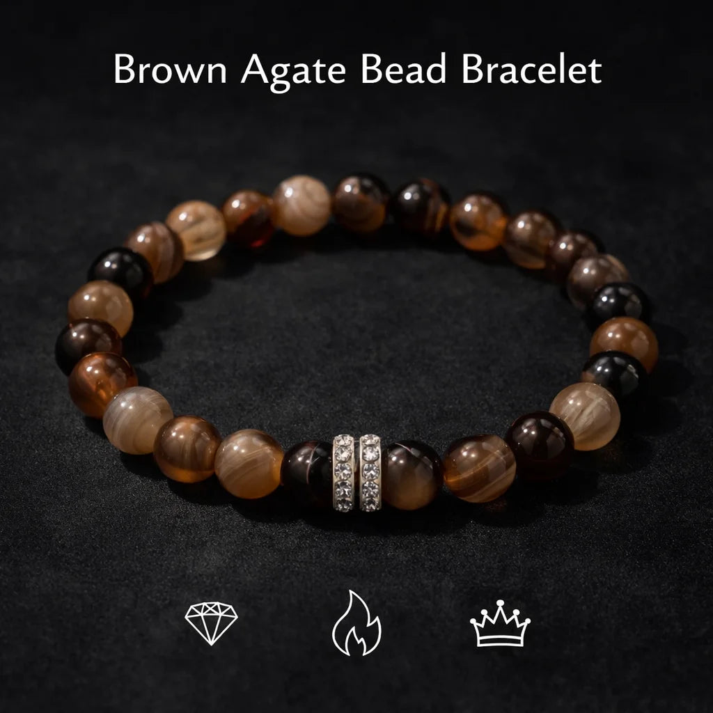 Brown Agate Beaded Bracelet with Crystal Spacer