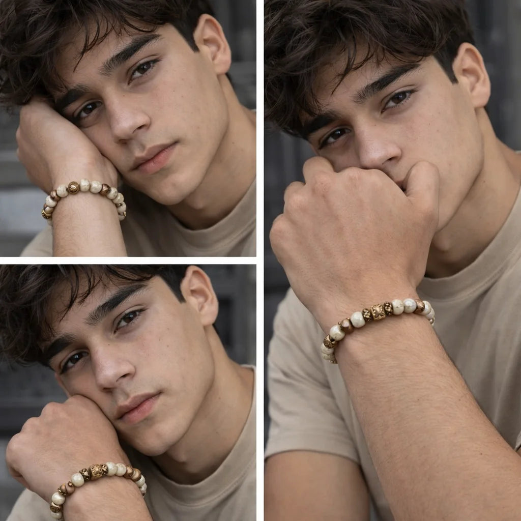 Collage of a person wearing a beaded bracelet with close-up shots.