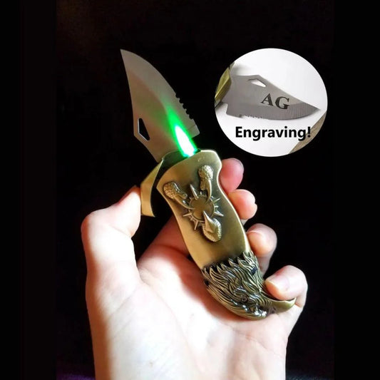 Futuristic knife with glowing green blade held by a hand, AG Engraving logo inset.