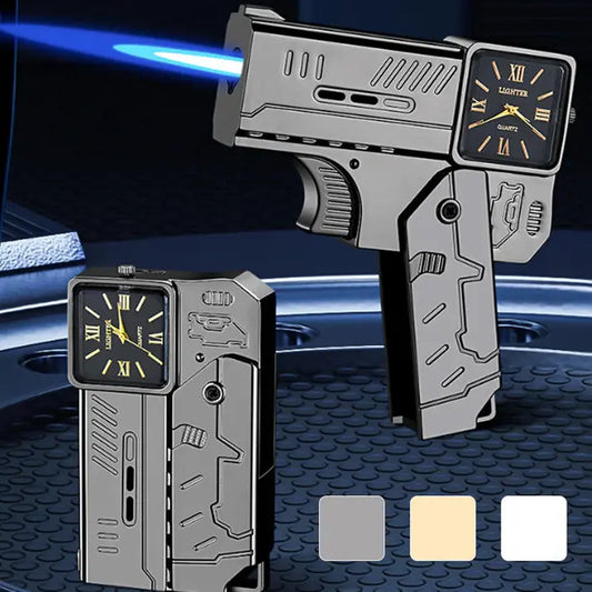 Gun-shaped lighter with clock face design on a textured surface