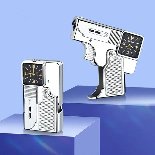 Two silver gun-shaped lighters with clock faces on a blue background