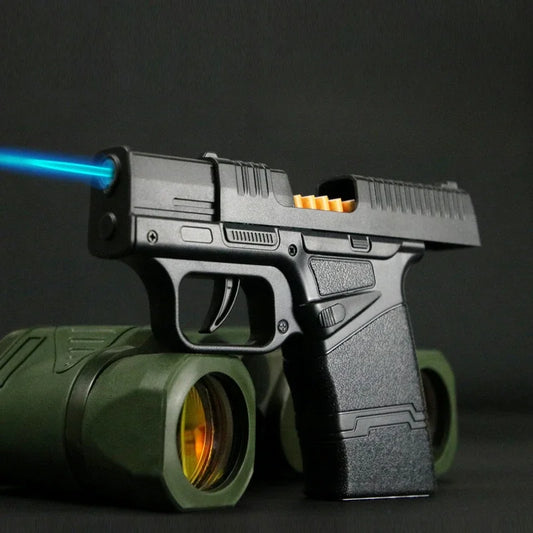 Black Gun Lighter and Cigarette Case with Blue Jet Flame