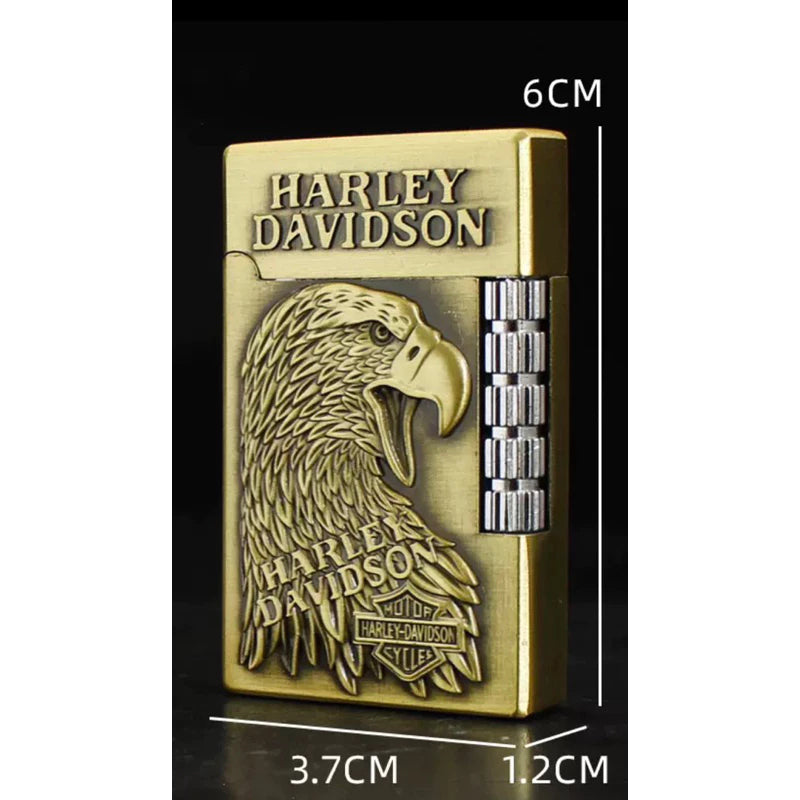 A Harley-Davidson lighter with an embossed eagle design and brand name, shown on a black background with white dimension lines indicating 6CM height, 3.7CM width, and 1.