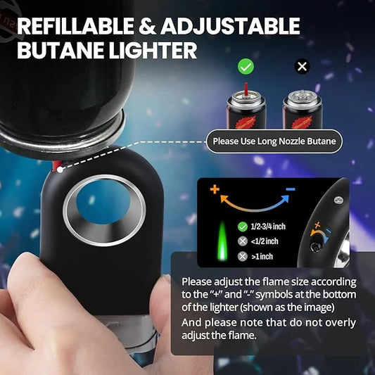 Refillable and adjustable butane lighter with flame size adjustment instructions.