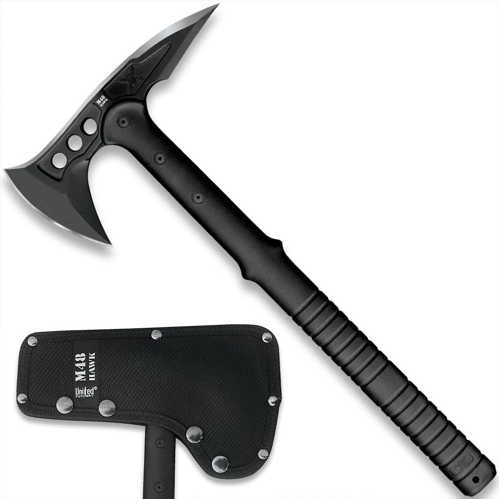 Black tactical axe with sheath on a white background