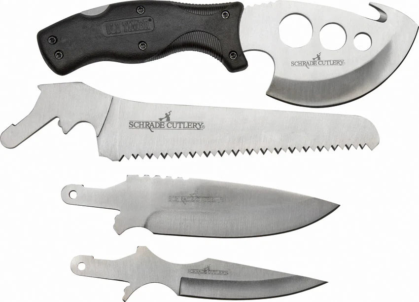 Set of Schrade Cutlery knives on a white background
