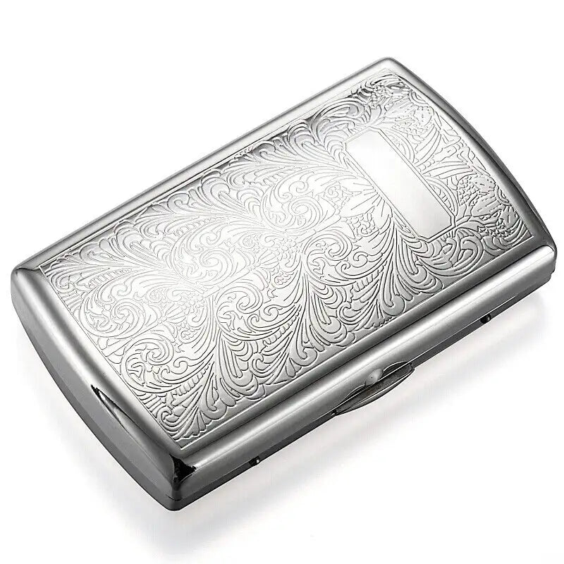 Silver embossed cigarette case on a white background