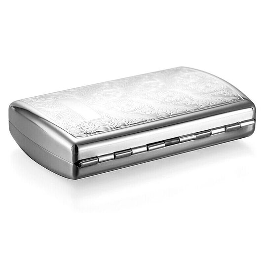 Silver embossed cigarette case on a white background