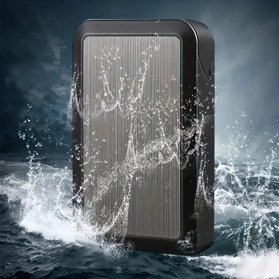 Black and silver power bank with water splashes against a dark ocean background
