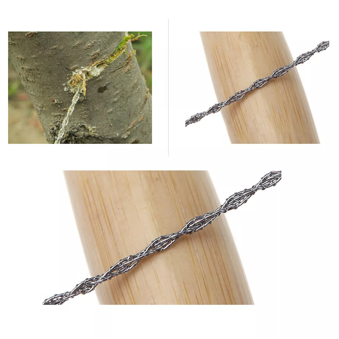 Silver braided wire wrapped around a wooden stick with a close-up of tree bark.