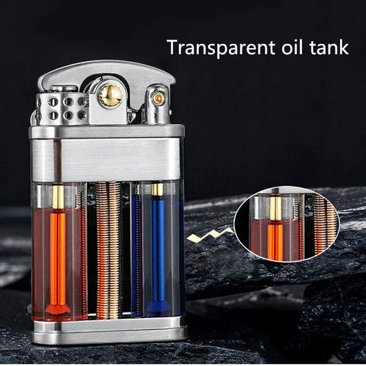 Metallic lighter with transparent oil tank on a dark background