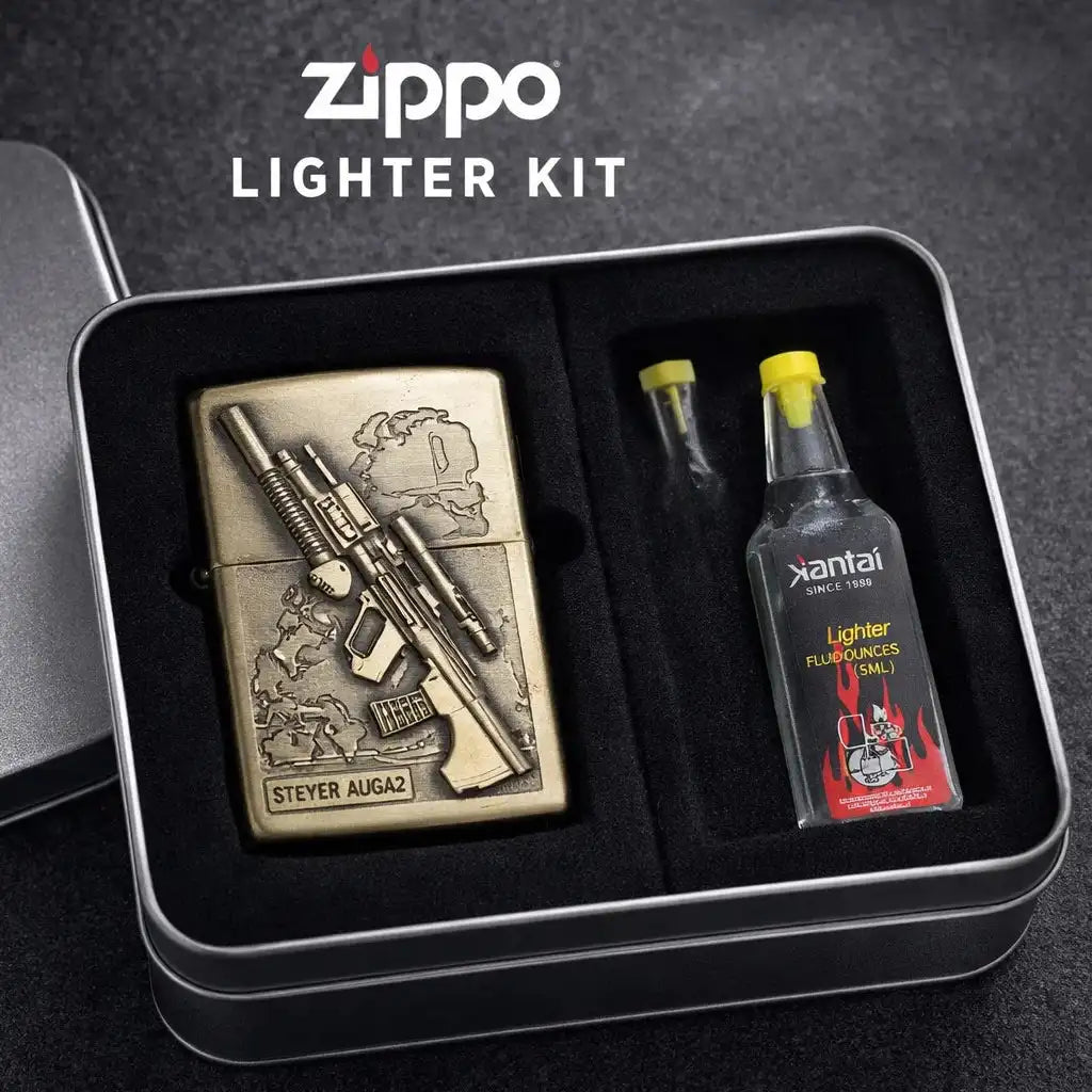 Zippo lighter kit with rifle design and fuel bottle in a box, featuring Zippo branding.