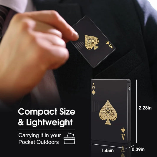 Black playing card lighter with gold spade symbol held by a hand, with text about compact size and lightweight.