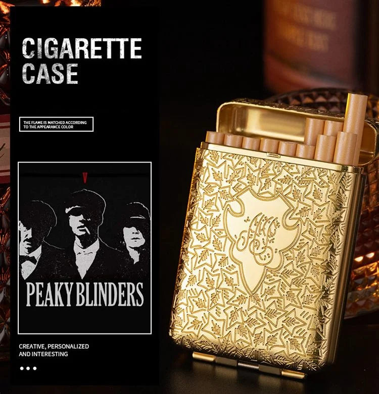 Gold Peaky Blinders cigarette case with cigarettes on a dark background