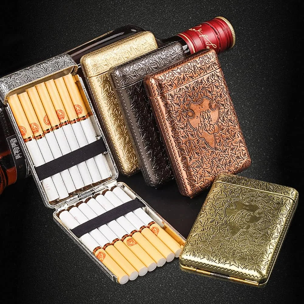 Collection of peaky blinders cigarette cases with cigarettes on a dark background