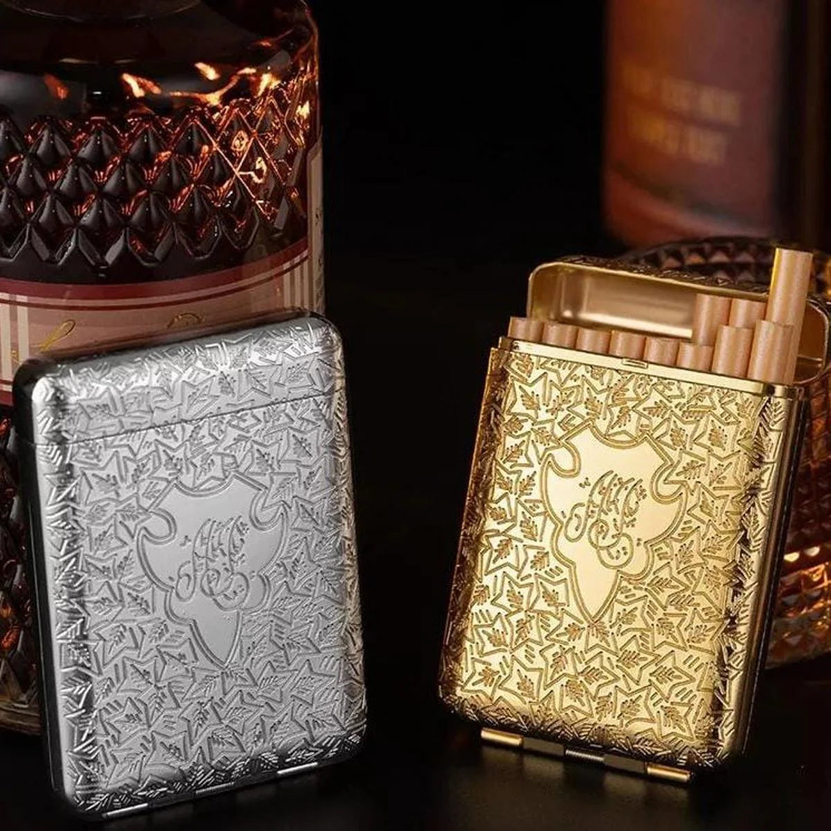 Collection of peaky blinders cigarette cases with cigarettes on a dark background