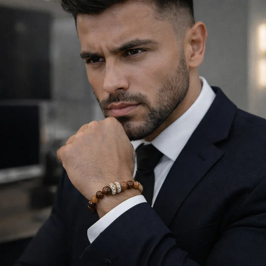 A Man is wearing a Professional outfits in the street in the hand is wearing a beaded bracelet.