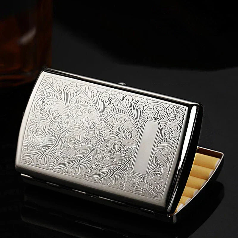 A Silver color vintage box is full of cigarettes