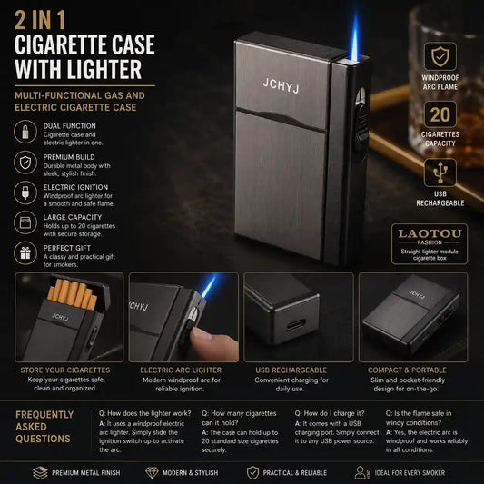 Multifunctional cigarette case with lighter featuring JCHYJ branding on a dark background.