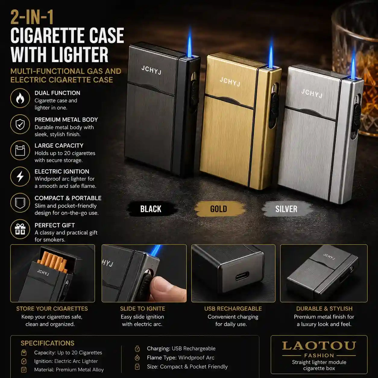 Multifunctional cigarette case with lighter in black, gold, and silver on a dark background.