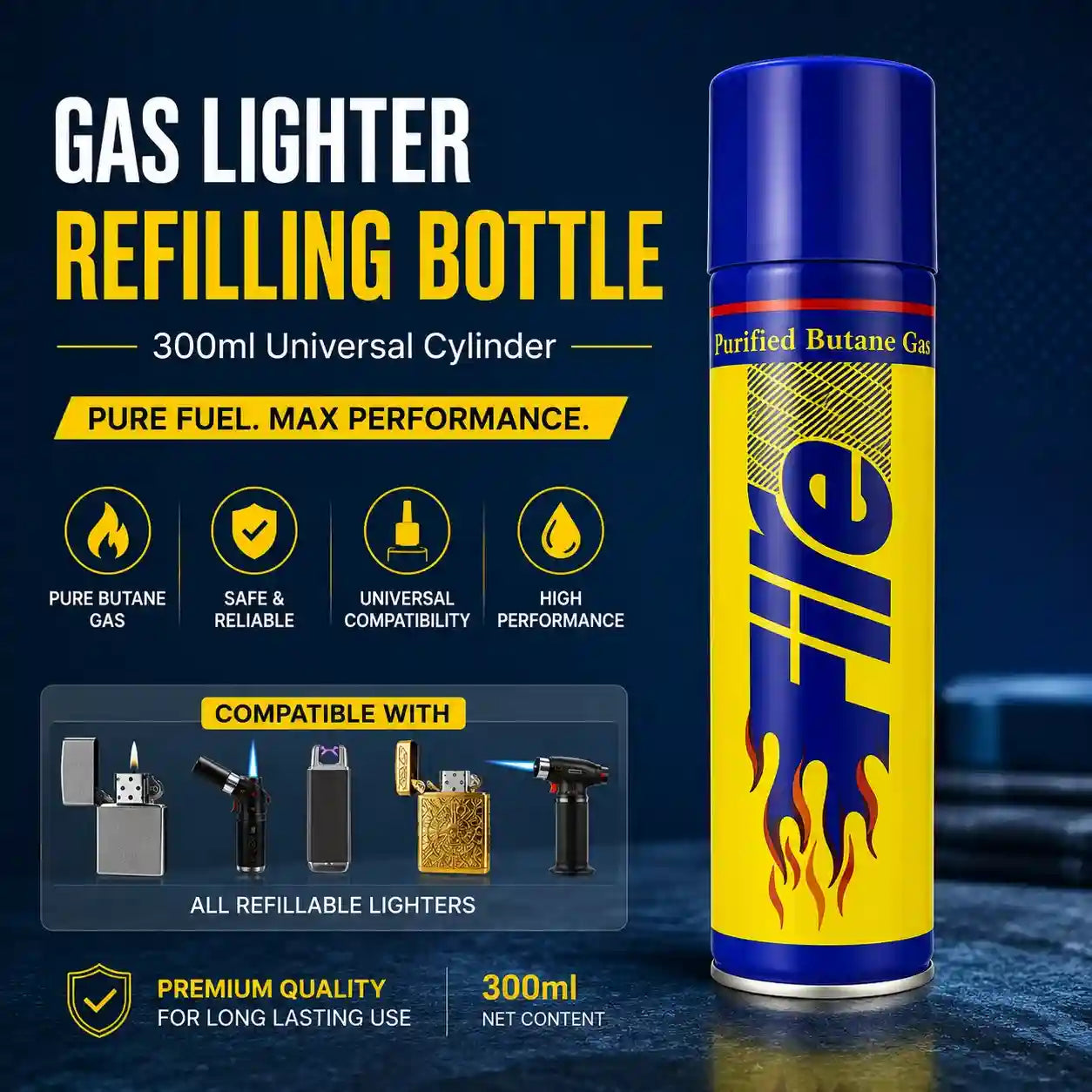 A 300ml gas lighter refilling bottle for universal cylinders, shown as a blue and yellow canister labeled 'Fire' with flame graphics, on a dark blue promotional background with feature icons and compatibility illustrations.