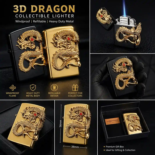 Gold dragon collectible lighter with features and specifications on a dark background