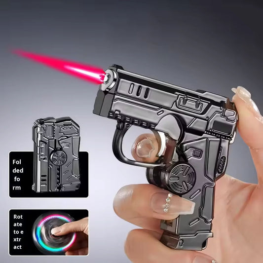 Futuristic light-up toy gun held by a hand with close-up insets showing different features.