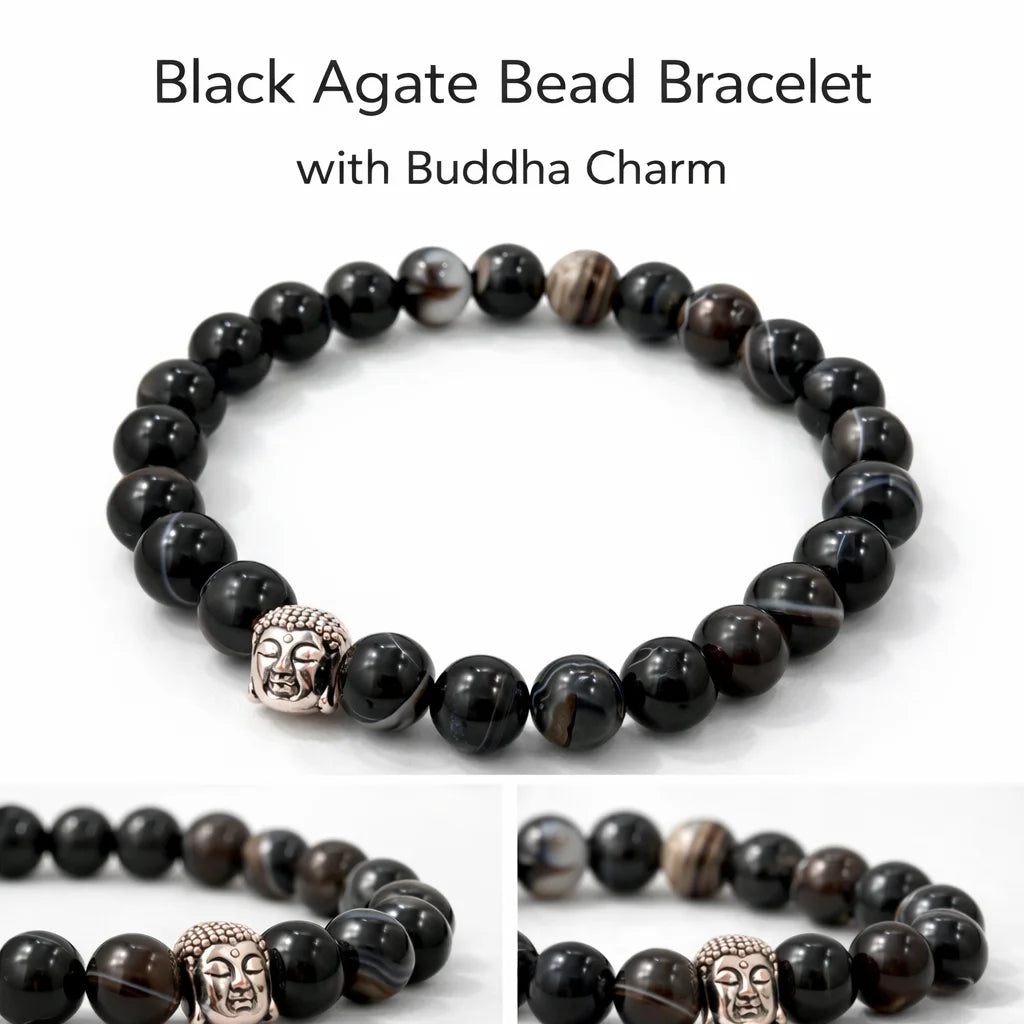Black agate bead bracelet with Buddha charm on a white background