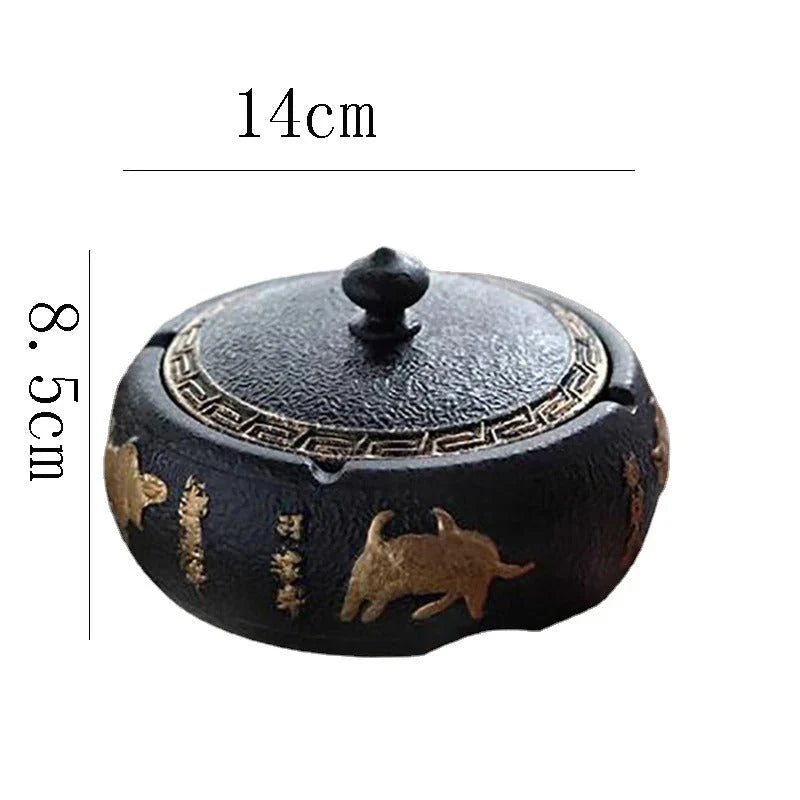 Ceramic Ashtray with lid featuring animal designs, measurements indicated.