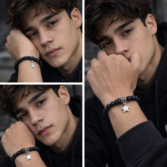 Collage of a person wearing a black beaded bracelet with a star charm, posing in different ways.
