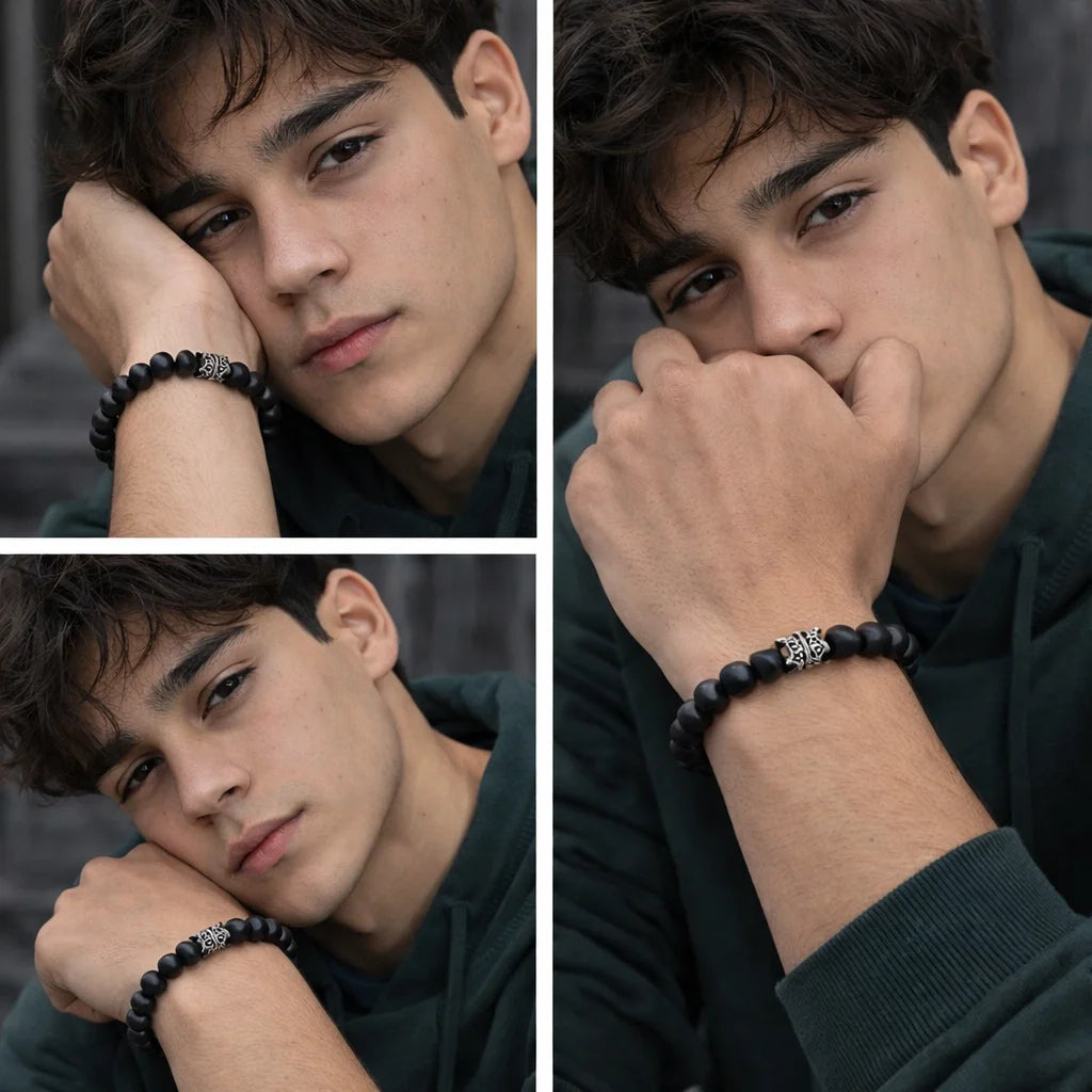 Collage of a person wearing Black Matte Stone Beaded Bracelet with Double Crown Charm for men