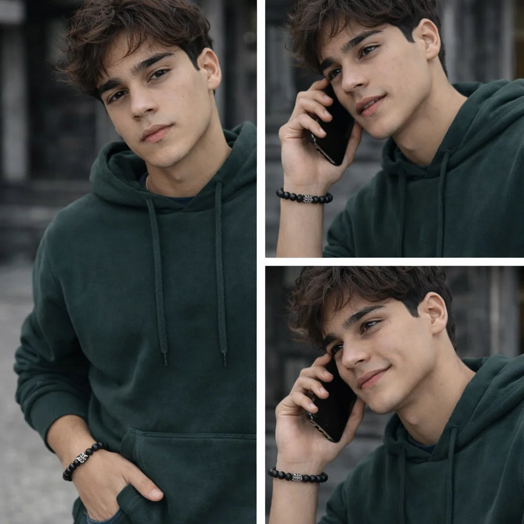 Collage of a young man in a green hoodie wearing Black Matte Stone Beaded Bracelet with Double Crown Charmmen