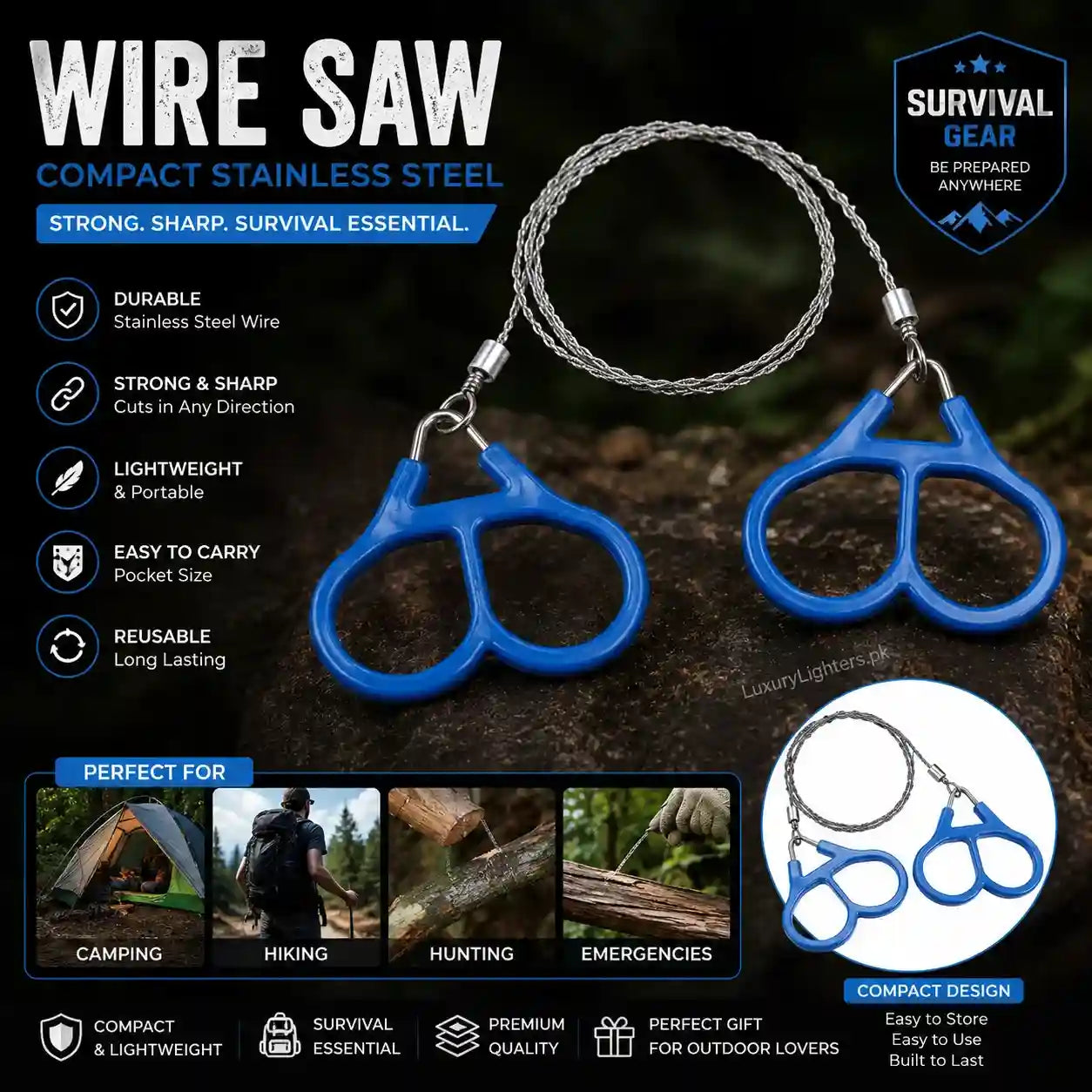 Wire saw with blue handles on a dark background, featuring survival gear branding.
