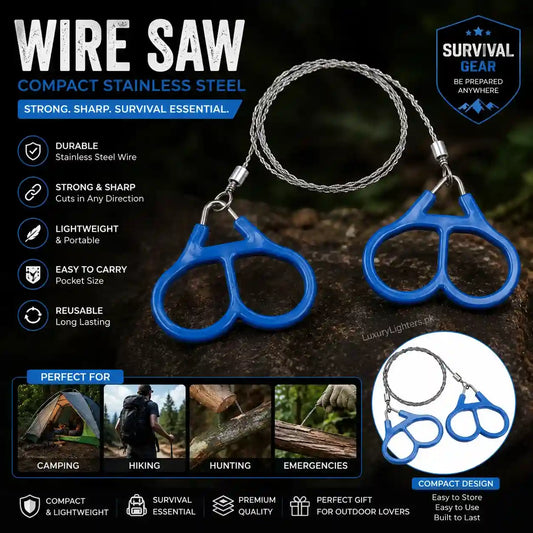 Wire saw with blue handles on a dark background, featuring survival gear branding.