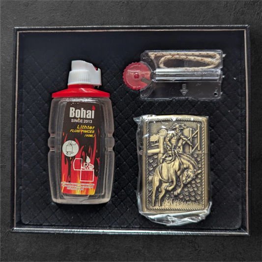 Bohai Zippo lighter, fluid and flints in a black box.
