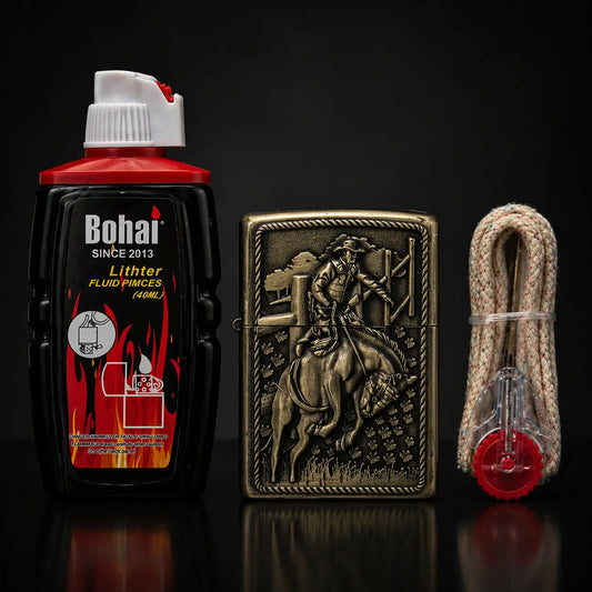 Bohai lighter fluid bottle, decorative lighter, and lanyard on a black background