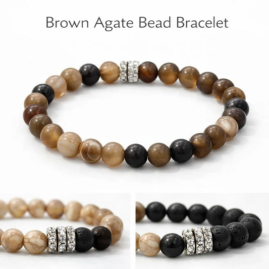 Brown Agate Beaded Bracelet with Crystal Spacer