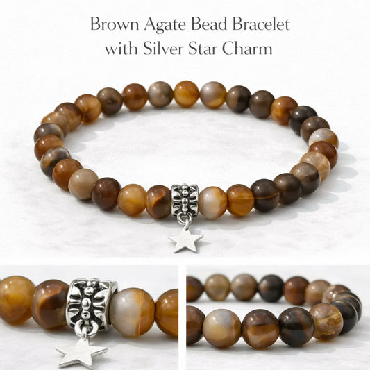 Brown agate bead bracelet with silver star charm on a white background