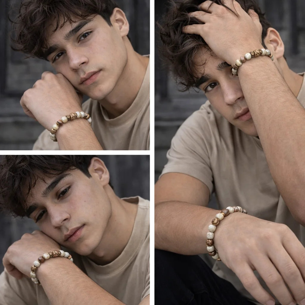 Collage of a young man wearing a beaded bracelet with a neutral background