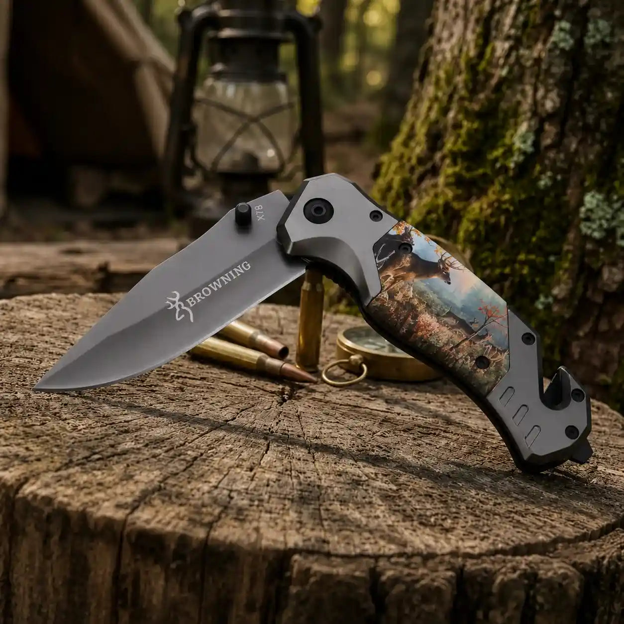 browning x78 folding pocket knife in jungle half open