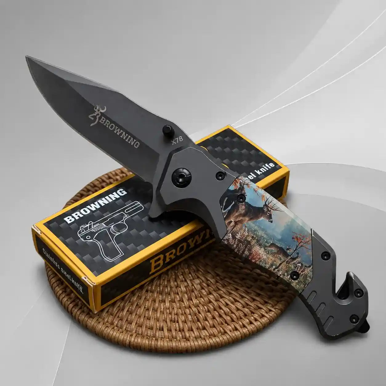 browning x78 folding knife on with background with box