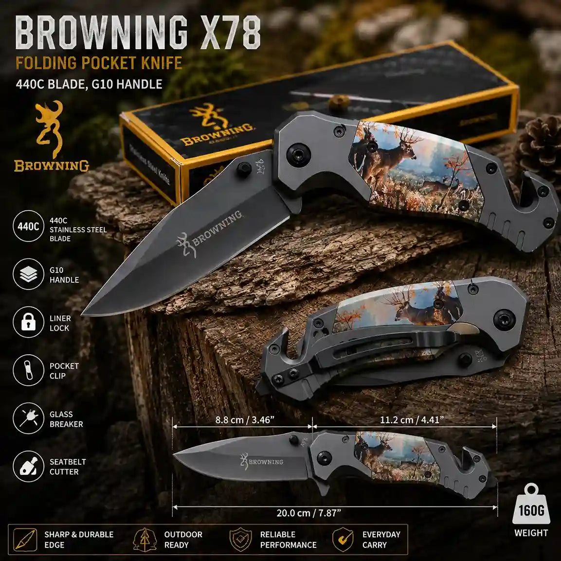 Browning X78 Folding pocket knife detail page showing features of knive