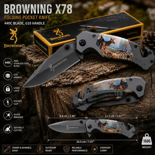 Browning X78 Folding pocket knife detail page showing features of knive