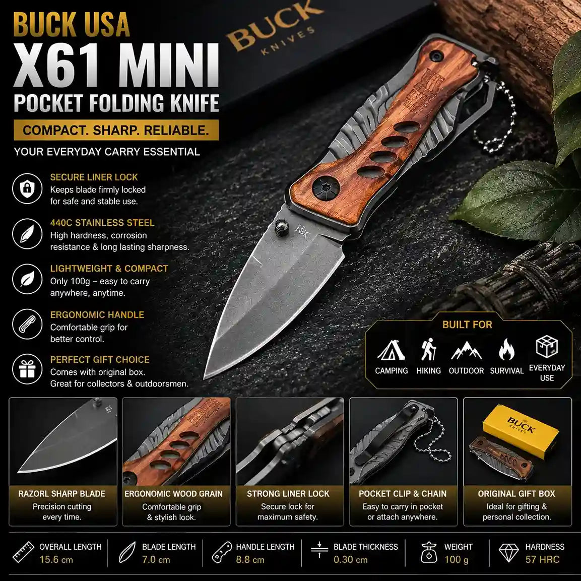 BUCK USA X61 mini pocket folding knife feature image with details