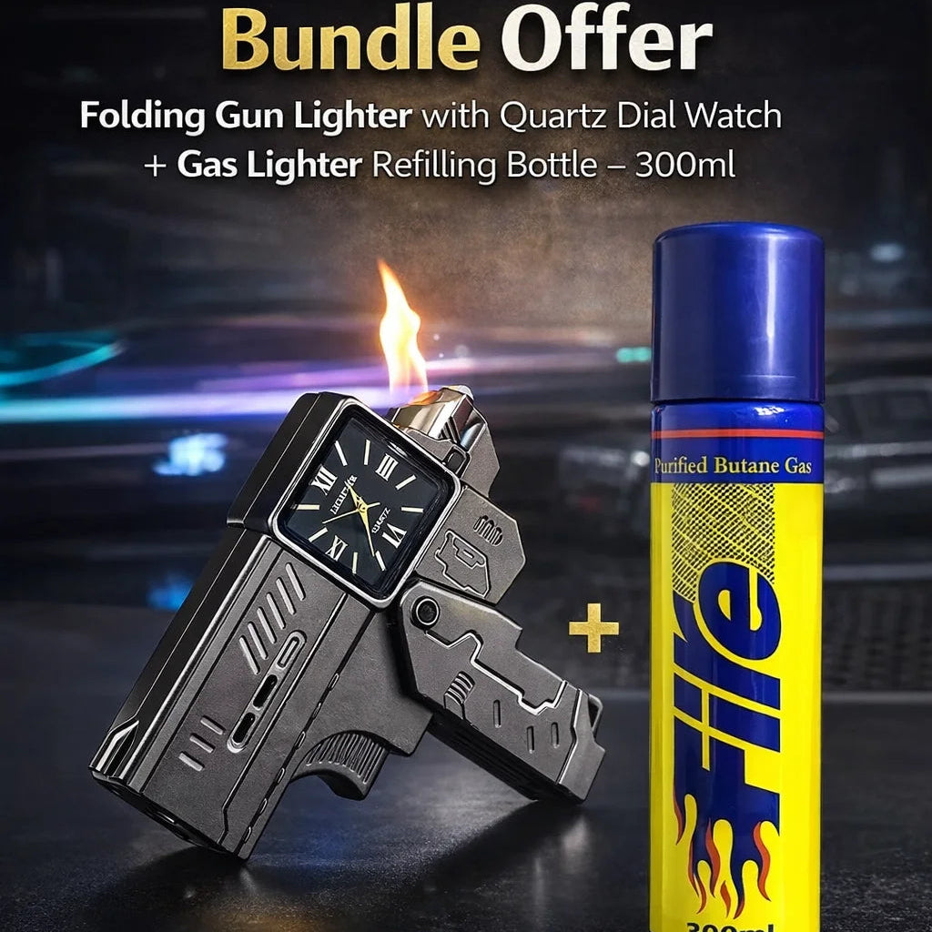Folding gun lighter with quartz dial watch and gas lighter refilling bottle on a dark background
