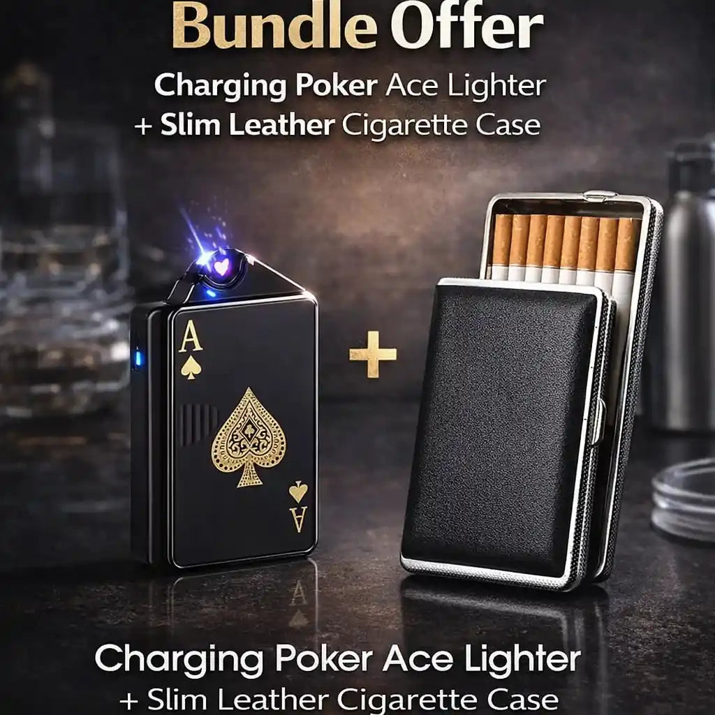 Charging Poker Ace lighter and slim leather cigarette case with bundle offer text on a dark background.