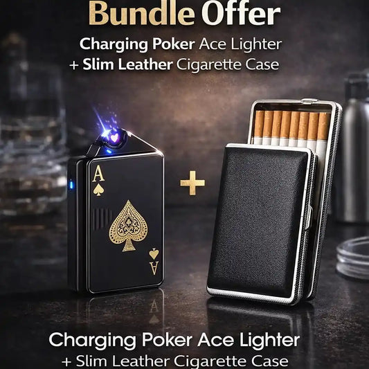 Charging Poker Ace lighter and slim leather cigarette case with bundle offer text on a dark background.