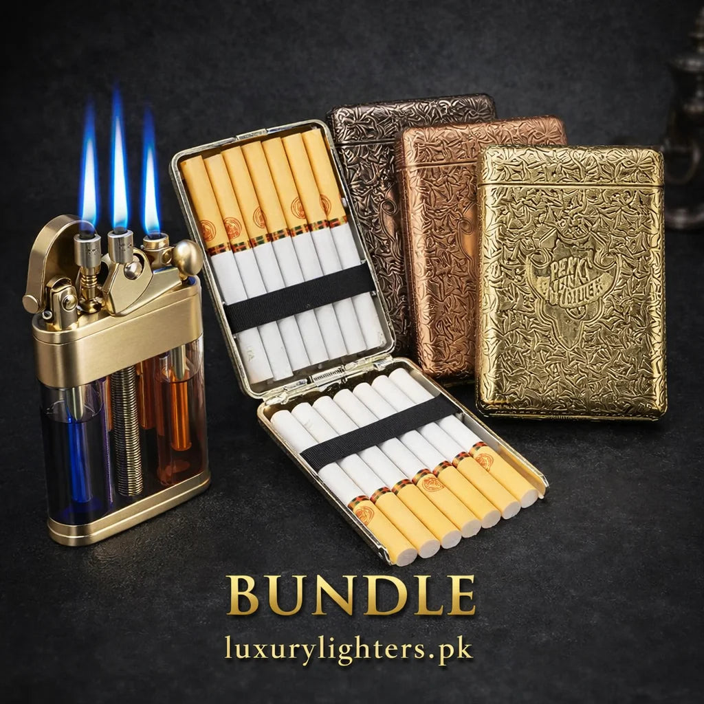Luxury cigarette set with lighters on a dark background, featuring 'BUNDLE' text and 'luxurylighters.pk' branding.